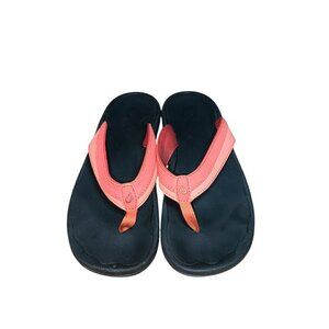 OluKai Women's Black Footbed Coral Pink Strap Flip Flops